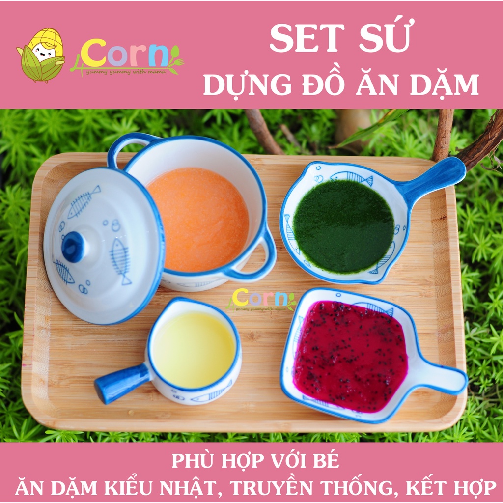 Set đồ gốm sứ cao cấp (bát, đĩa, thố, gáo) đựng đồ ăn dặm cho bé