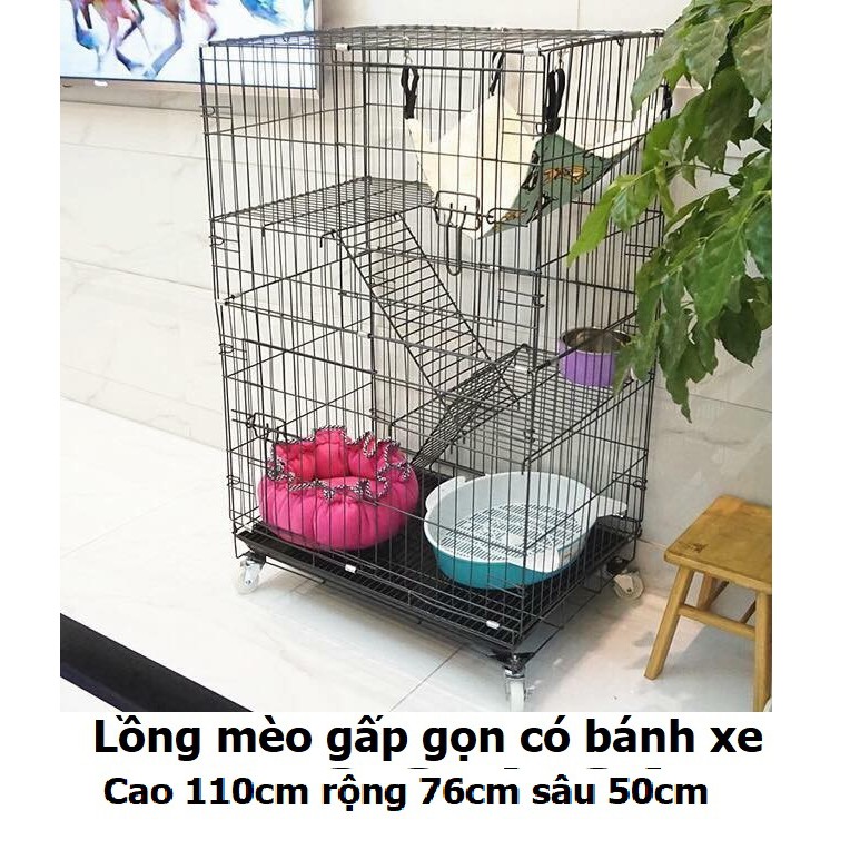 Chuồng mèo 4 tầng to đẹp giá rẻ bằng sắt Size M+ cao 112cm thép sơn tĩnh điện kèm võng, khay nhựa