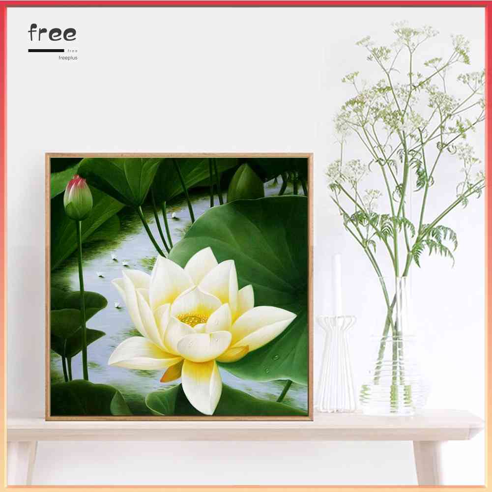 Tranh Đính Đá Kim Cương Toàn Bộ 5D DIY Hình Vẽ Hoa Sen Trắng