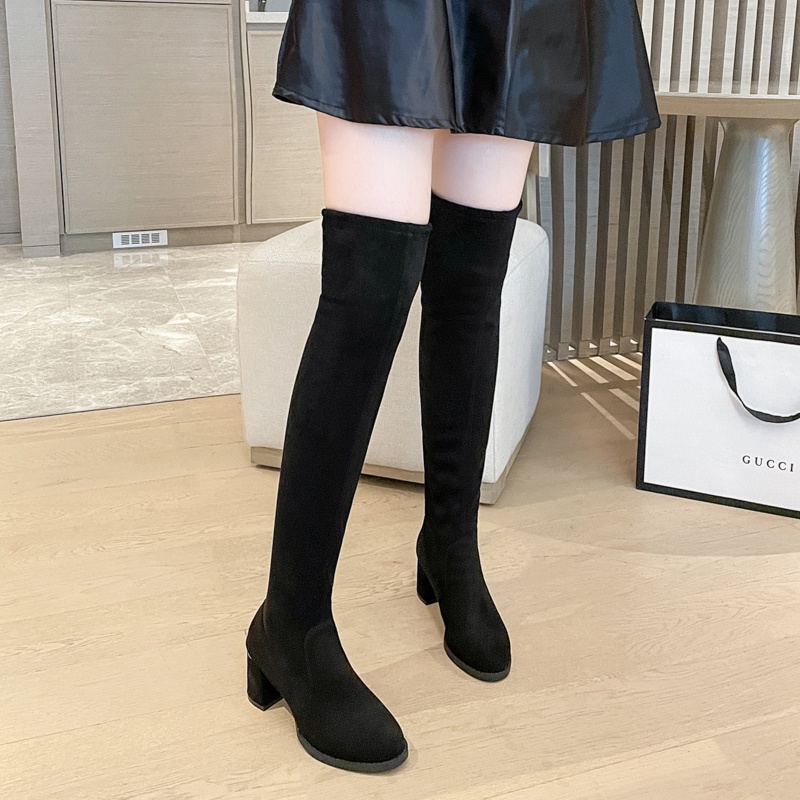 Giày Bốt Cao Gót Cổ Cao Qua Gối Màu Đen Thời Trang Cho Nữ Size 34