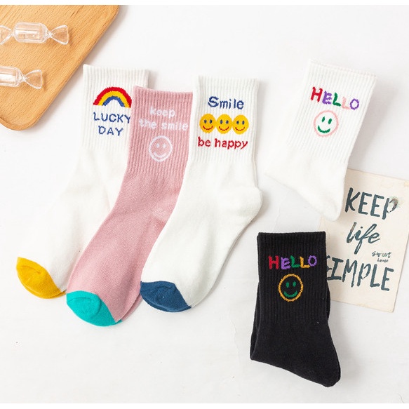 Vớ Tất Mặt Cười Happy cổ cao phong cách Hàn Quốc siêu dễ thương dành cho nữ.