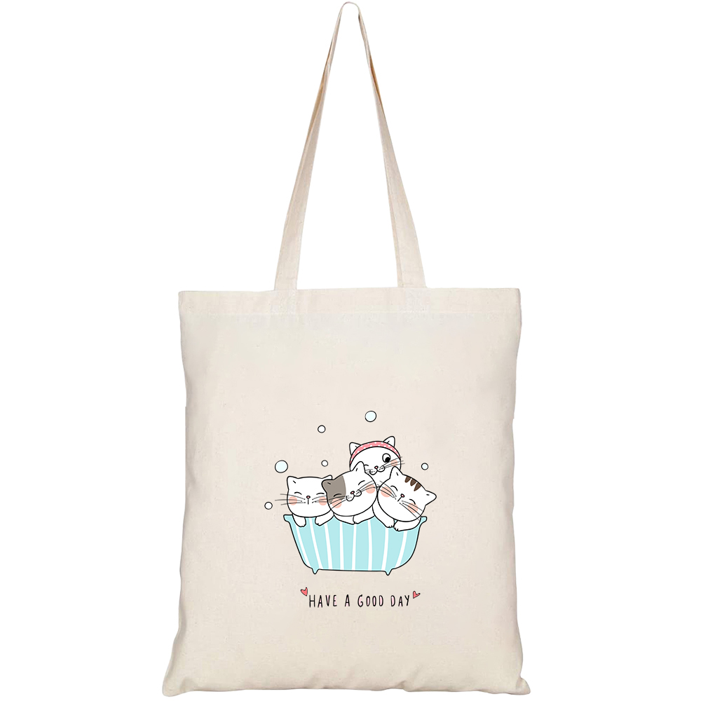 Túi vải tote canvas HTFashion in hình họa tiết Mèo tắm HT51