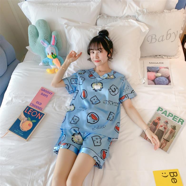 Đồ ngủ Pijama, bộ ngủ mặc nhà lụa satin cao cấp cố trái tim ngắn tay quần đùi hello kitty hình trái cây nhiều màu sắc  ྆