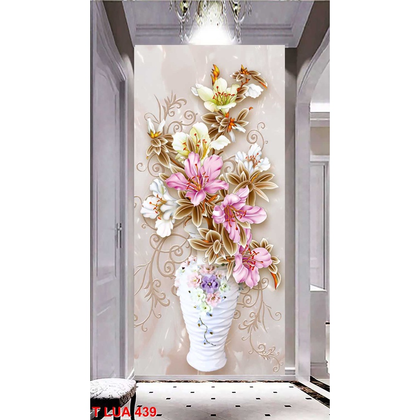 Tranh Lụa 3D, Tranh Decal 3D Lọ Hoa, Mẫu Dọc