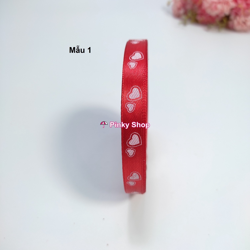 [Giá rẻ] Ruy băng lụa vải họa tiết trái tim 1cm cuộn 20m dùng may đồ làm phụ kiện handmade Pinky Shop mã RBHT-1CM