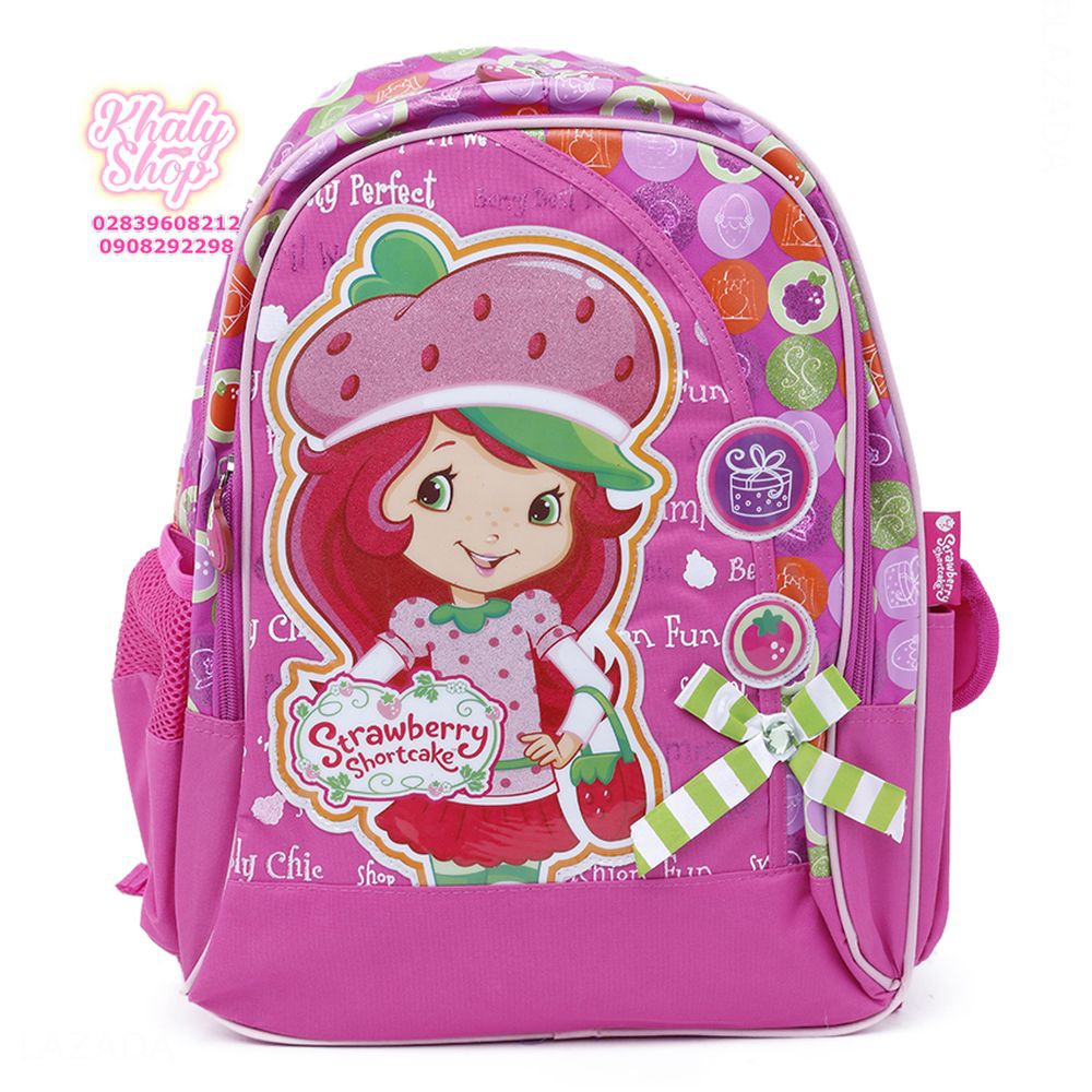 Balo 16&quot; hình bé dâu Strawberry Shortcake đội nón màu hồng đính nơ xanh lá dành cho học sinh bé gái - BLBDNOX16