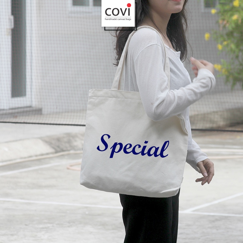 Túi Tote Vải Canvas Chữ Nhật Ngang In Hình Thời Trang COVI Màu Đen Và Mộc T40