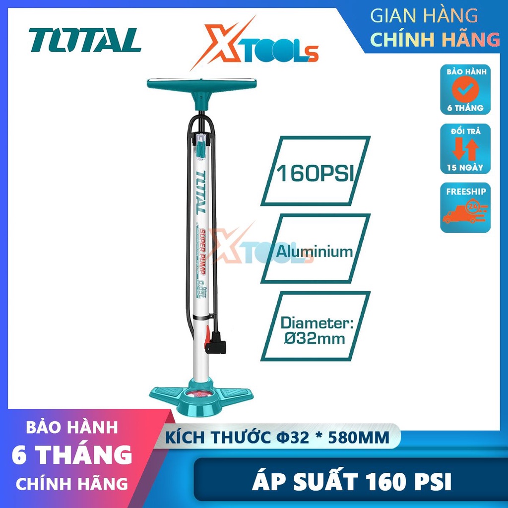 Ống bơm hơi xe TOTAL TMPP3201, bơm hơi dùng tay Kích thước: φ32*580mm, Ống nhôm, có đồng hồ đo áp suất-CHÍNH HÃNG-XTOOLS