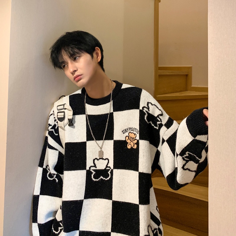 Áo sweater chui đầu kẻ caro họa tiết gấu dáng rộng phong cách Hàn Quốc thời trang thu đông cho nam