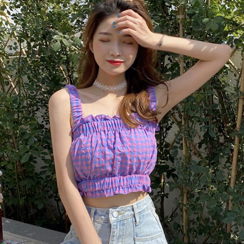 [Mã FAMAYWA giảm 10K đơn 50K] [Baywellfashion]Áo Croptop Hai Dây Họa Tiết Sọc Ca Rô Gợi Cảm Dành Cho Nữ