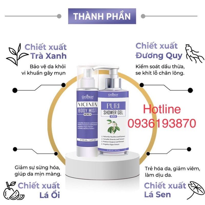 ✅ Combo Xịt Mụn Lưng, Giảm Viêm Nang Lông Dành Cho Nữ Oriskin Vicenta Body Mist  100ml và Sữa Tắm Puri shower Gel 300ml