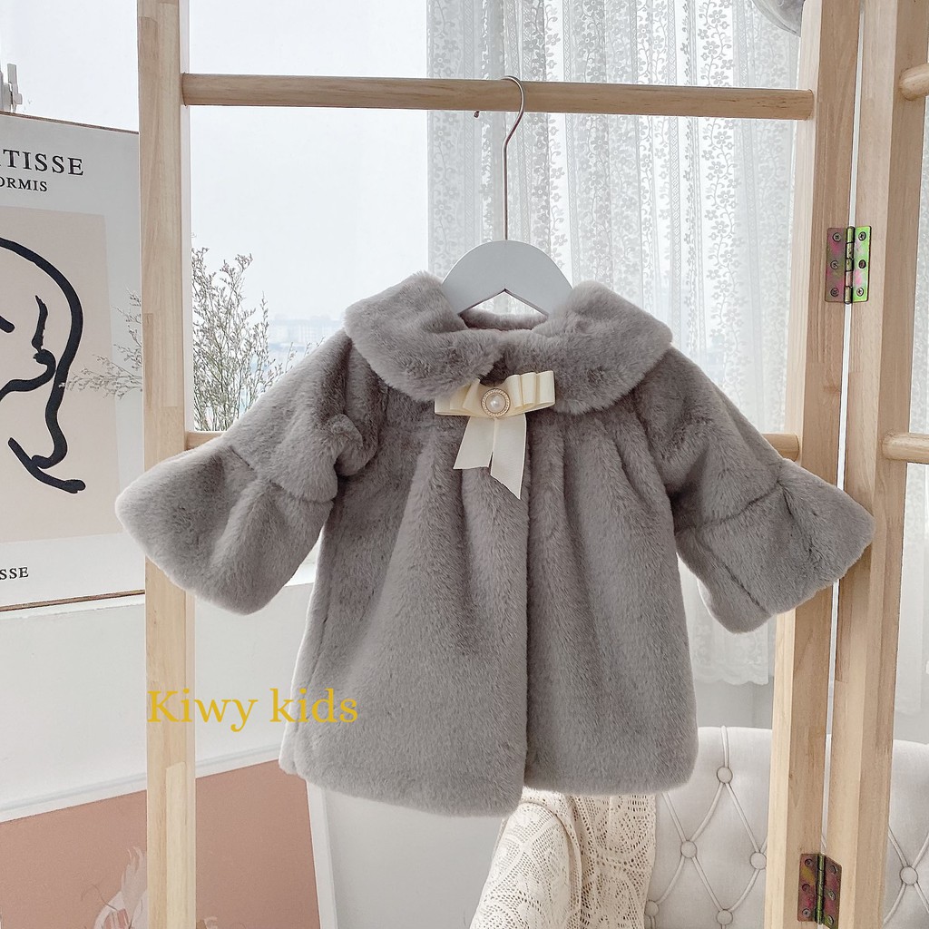 Áo lông bé gái Kiwy Kids phong cách tiểu thư,cổ đính nơ bên trong trần bông Kids47-2155 cho bé từ 9 tháng đến 5 tuổi