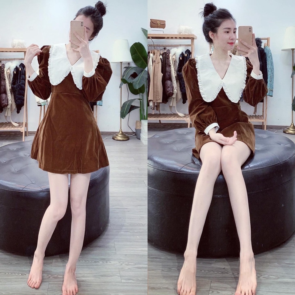 Váy nhung cổ bèo lá dáng tiểu thư diện tết hàng đổ shop, Đầm diện tết | BigBuy360 - bigbuy360.vn