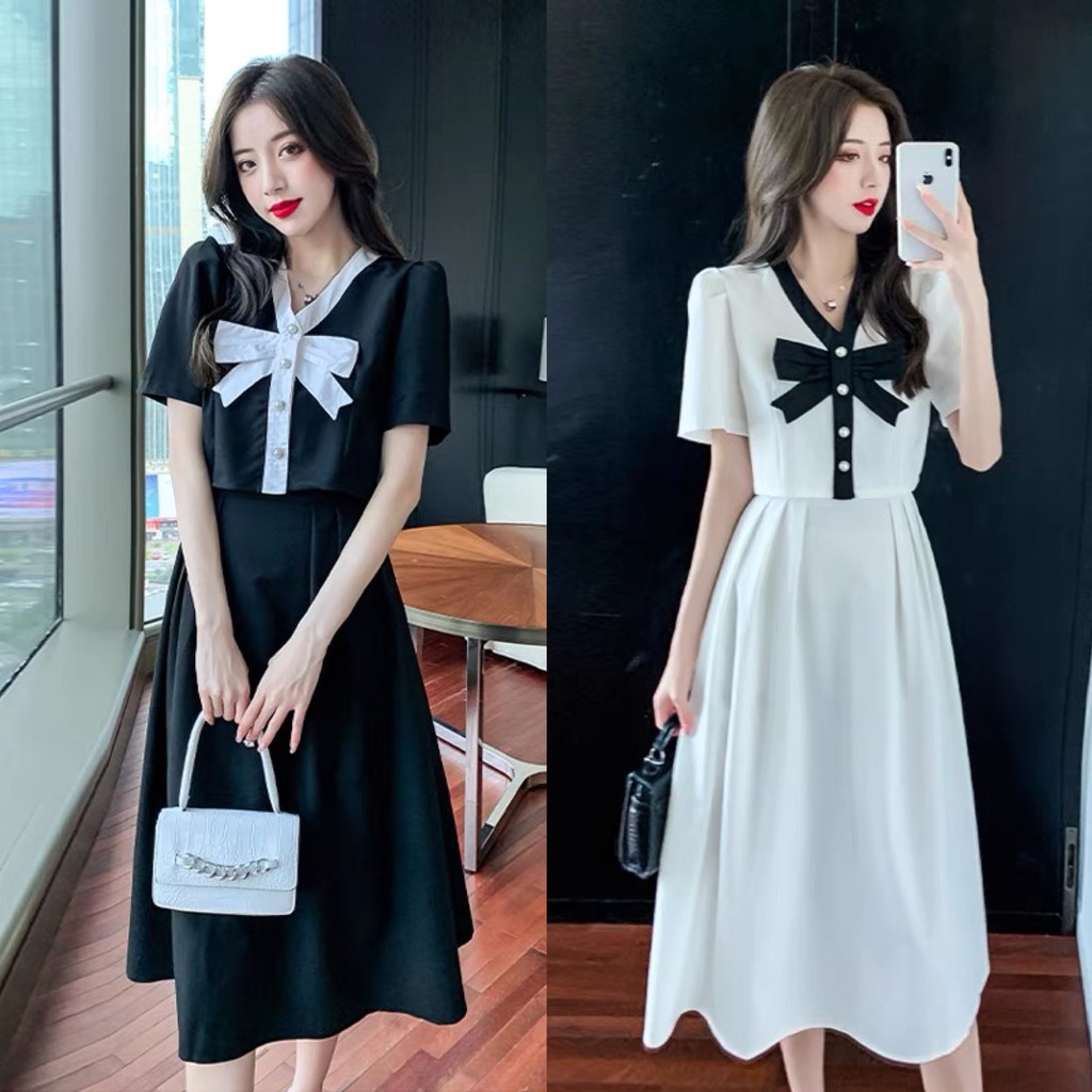 [HÀNG QCCC] - SET váy ulzzang tiểu thư cổ nơ cúc ngọc - B50 - jannahouse
