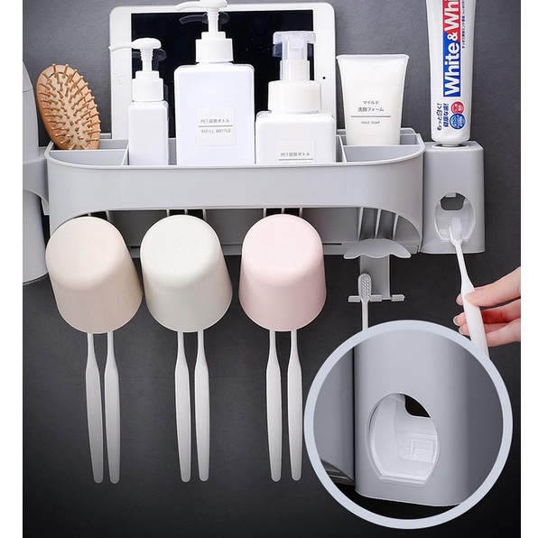 Bộ Nhả Kem Đánh Răng Tự Động, Kệ Để Đồ Phòng Tắm Kèm 4 Cốc