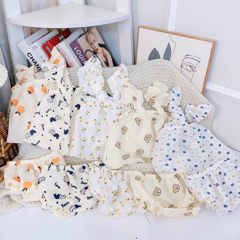 Bộ đồ mùa hè vải đũi áo 2 dây cánh tiên quần bèo cho bé gái 7-18kg