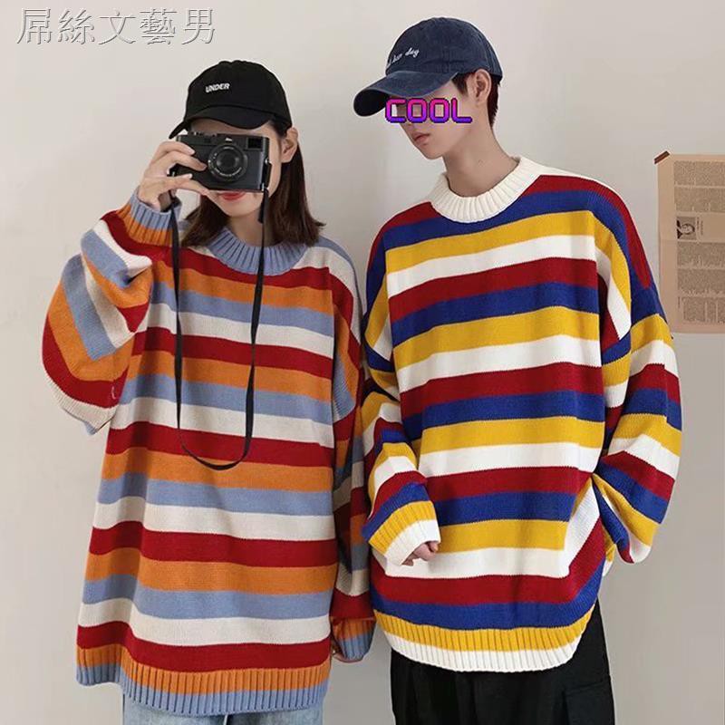 Áo Sweater Cổ Tròn Dáng Rộng Họa Tiết Kẻ Sọc Cho Cặp Đôi