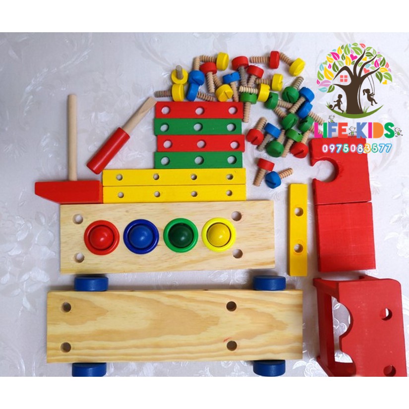 Đồ chơi gỗ - Bộ xe lắp ráp, xếp hình kèm đập bóng -xe ốc vít lắp ráp kèm đập bóng