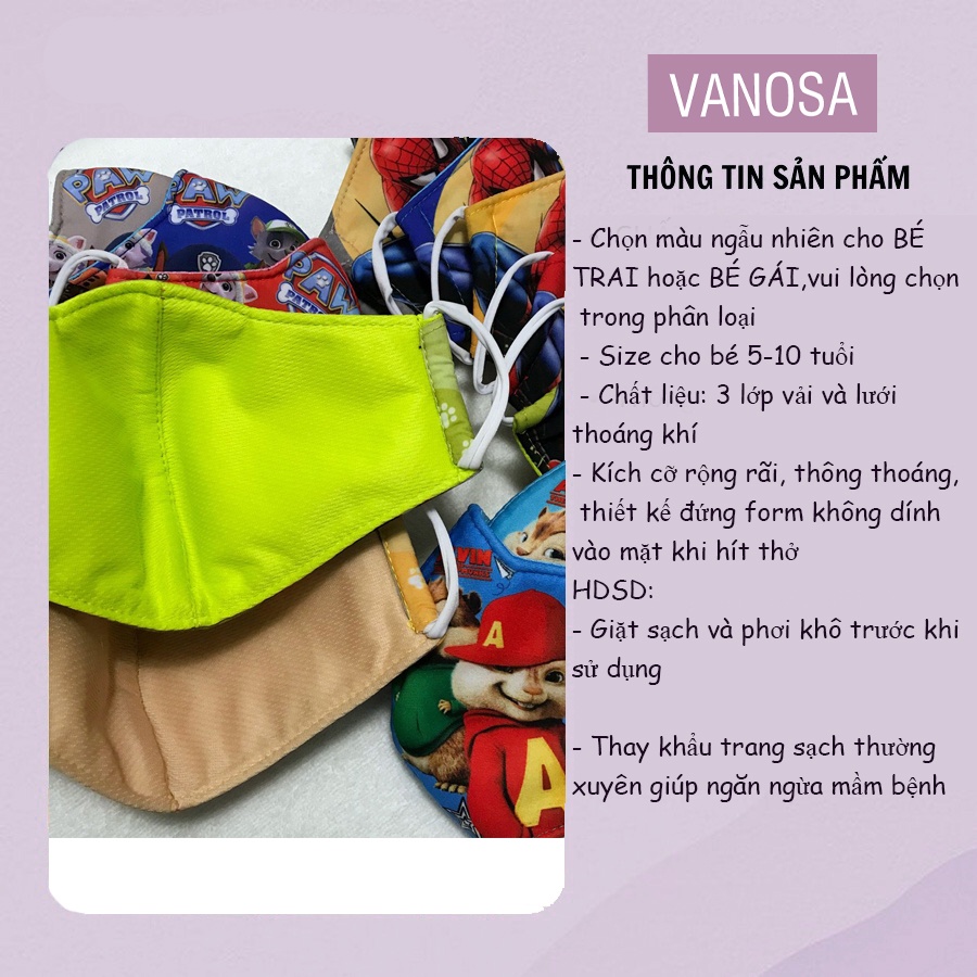 Khẩu trang vải hoạt hình cho bé 3 lớp loại đẹp dày dặn nhiều mẫu siêu nhân, nhện, công chúa VANOSA
