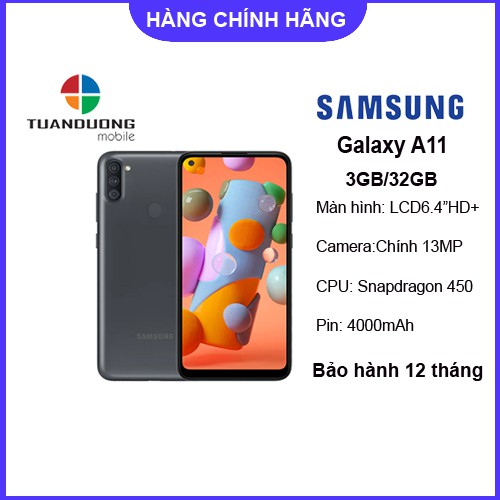 [Mã ELTECHZONE giảm 6% đơn 500K] Điện thoại Samsung Galaxy A11 (3GB/32GB) Hàng Mới Nguyên Hộp - Bảo Hành Chính Hãng