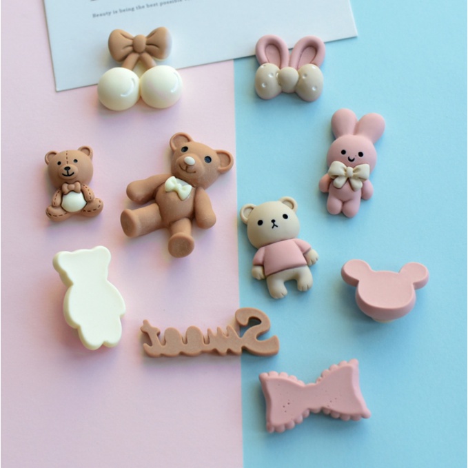 Charm gấu thú bông màu sô cô la và hồng cho các bạn làm slime, trang trí kẹp tóc, dán Jibbitz, DIY