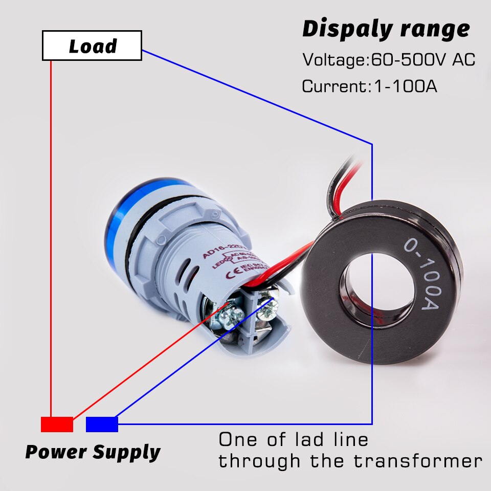 Vôn Kế Kỹ Thuật Số 22mm AC 50-500V 0-100A Có Đèn LED