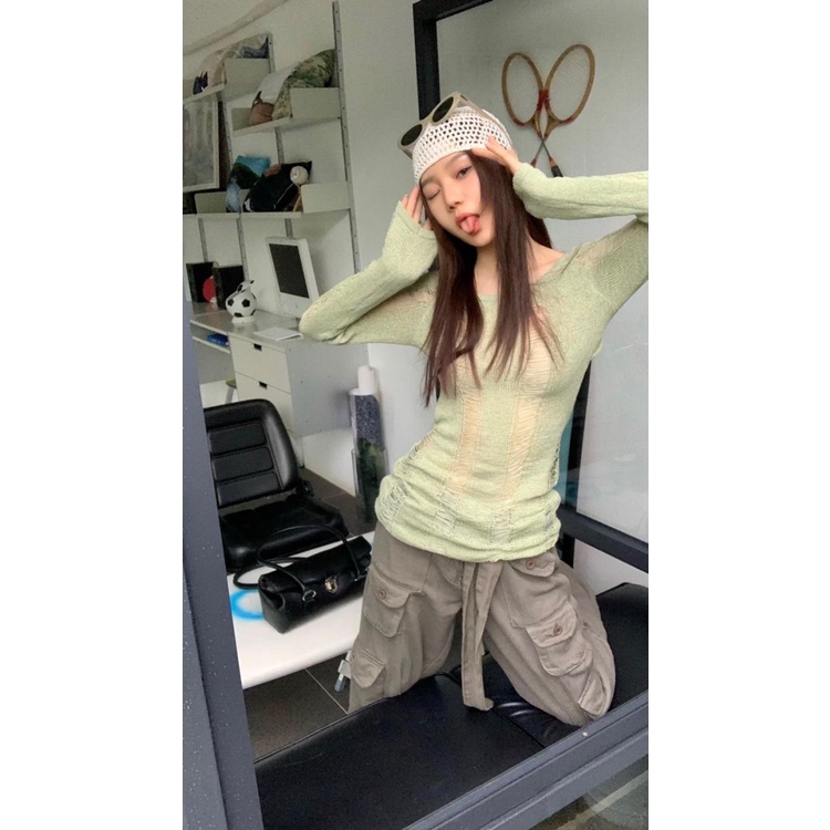 QADCOL  Áo sweater Dệt Kim Mỏng Mùa Hè Thiết Kế Mỏng Màu Xanh Lá Cây Khoét Lỗ Hở Lưng Sang Trọng Cho Nữ