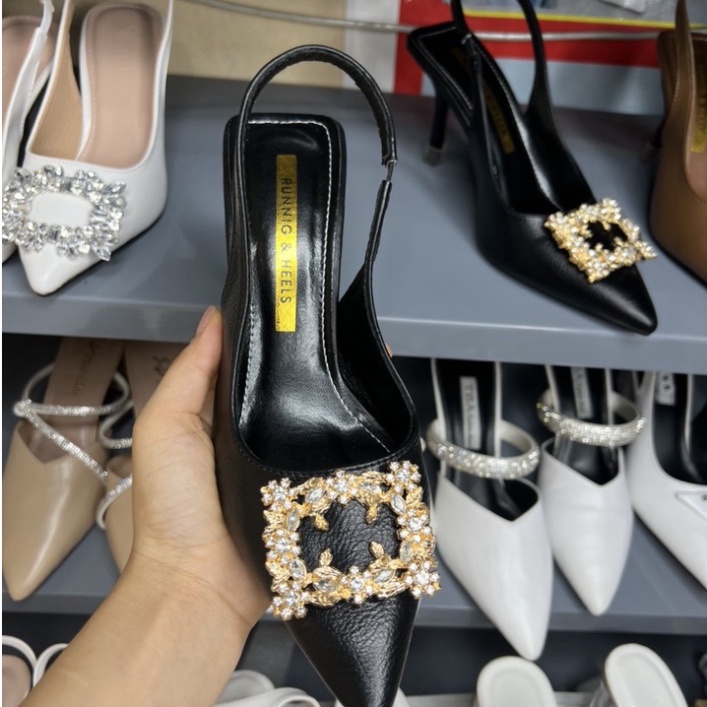 Giày Nữ 7 Phân Mặt Đá Vuông Hoa Vàng Cao Cấp Chất Liệu Da Mềm Hàng VNXK