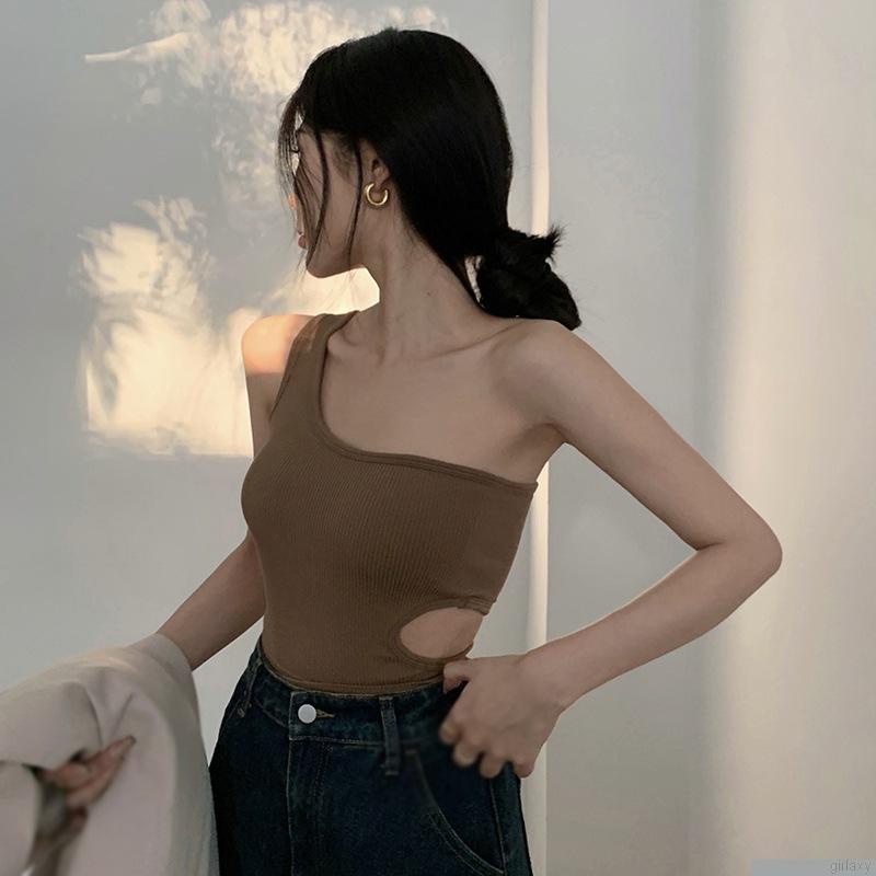 Áo kiểu croptop không tay màu trơn có đệm ngực thiết kế bất đối xứng quyến rũ độc đáo dành cho nữ