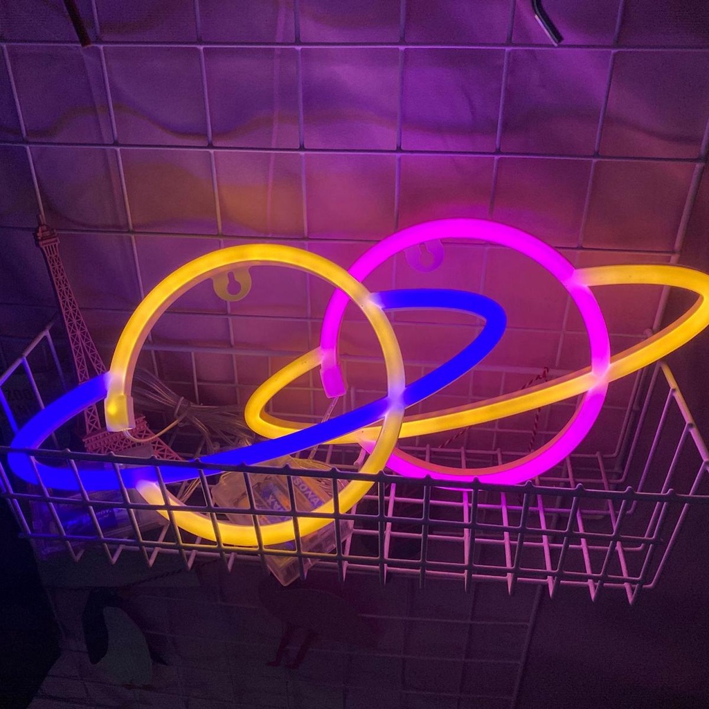 [COD] Đèn LED Neon Hình Elip / Hành Tinh / Hành Tinh Dùng Pin Trang Trí Quán Bar