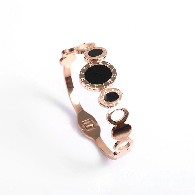 Vòng tay bằng thép titan mạ vàng hồng 18K phối đá mã não đen họa tiết chữ số La Mã cổ điển thời trang Âu Mỹ cá tính