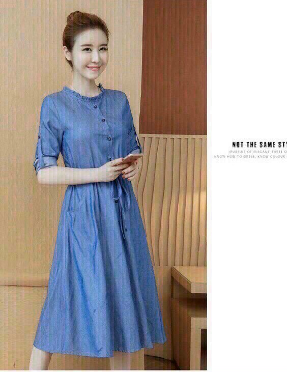 Đầm Jean nut xoè cổ tròn thanh lịch – Đầm dự tiệc sang trọng, đám cưới, du lịch