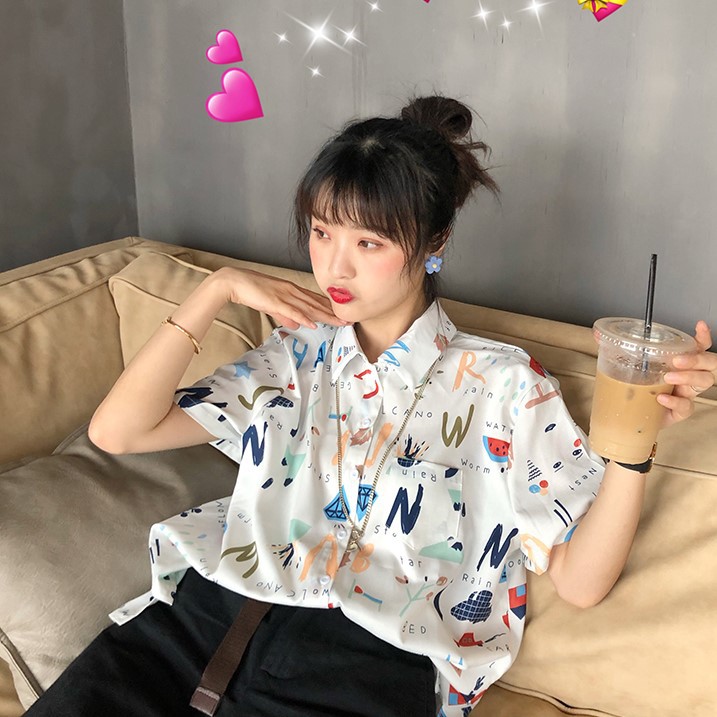 LEEVA - Áo sơ mi in chữ họa tiết thời trang Hàn Quốc: Trắng chữ