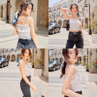 - áo crop nhún thun 2 dây - trắng