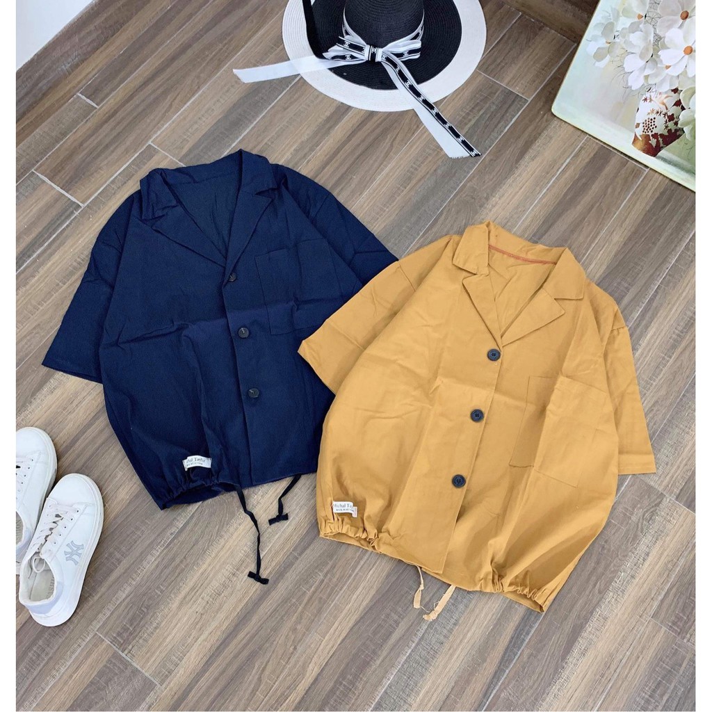 Áo sơ mi cổ vest chất kaki mềm co dãn, rút gấu ulzzang freesize form rộng unisex 2 màu xanh than, vàng nghệ