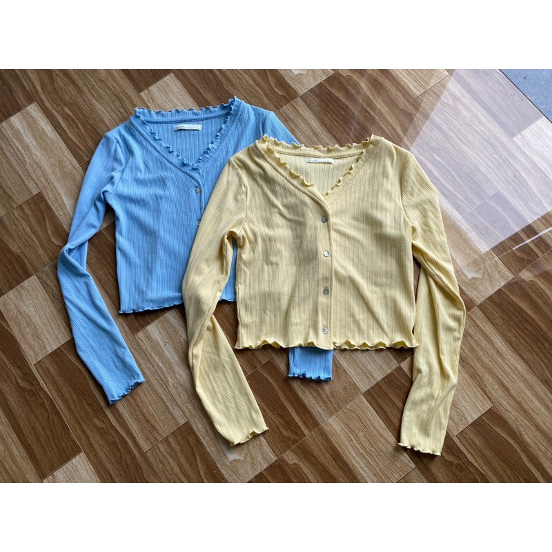 Áo croptop tay dài xuất xịn cổ nhún bèo nhẹ nhàng chất thun len gân