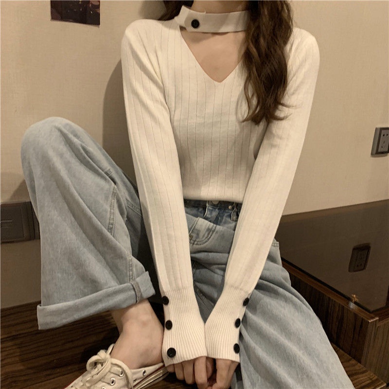 Áo Sweater dệt kim tay dài cổ chữ v thiết kế trẻ trung cá tính