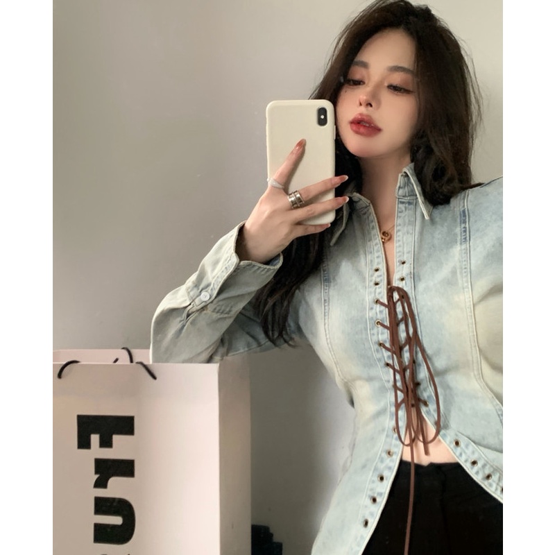 Áo Sơ Mi Denim Tay Dài Thắt Dây Chéo Phong Cách Cổ Điển Thời Trang Cho Nữ