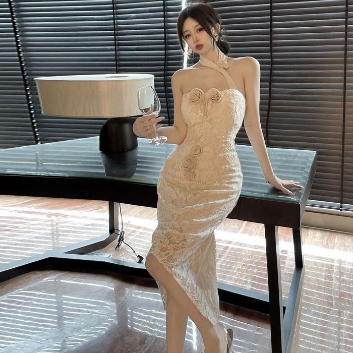 Đầm Hai Dây Dáng Dài Xẻ Tà Phối Ren Hoa Thời Trang Thanh Lịch Gợi Cảm Cho Nữ