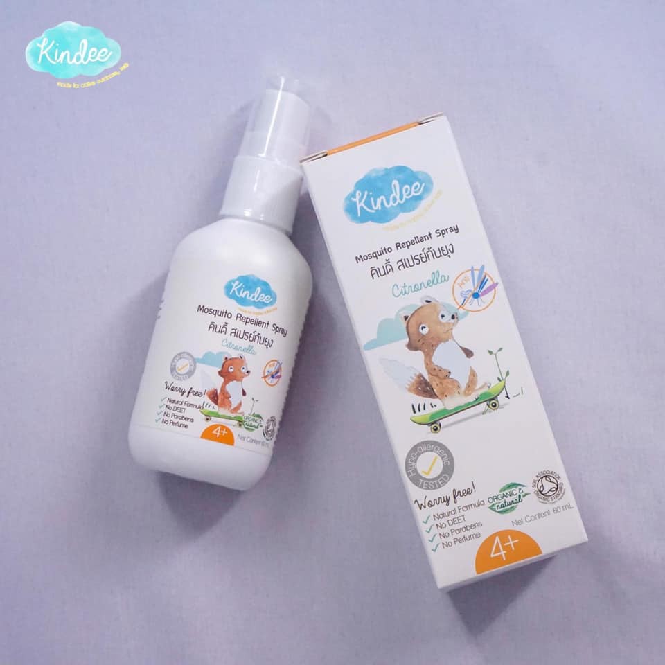 Xịt chống muỗi và côn trùng hữu cơ cho trẻ từ 1 tuổi và 4 tuổi trở lên – Kindee Mosquito Repellent Spray ̣̣̣[Thái Lan]