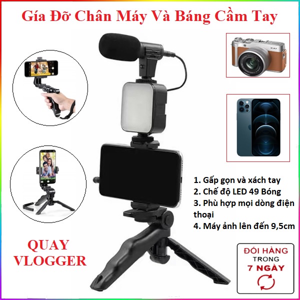 Micro + LED quay Vlog Giá đỡ chân máy ảnh, điện thoại có 49 đèn LED và báng cầm tay chống rung quay Vlog