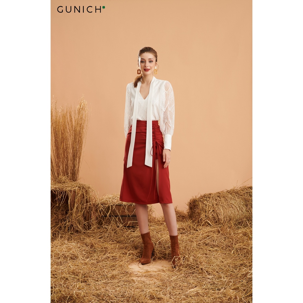 Chân váy rút dây lụa màu đỏ Gunich