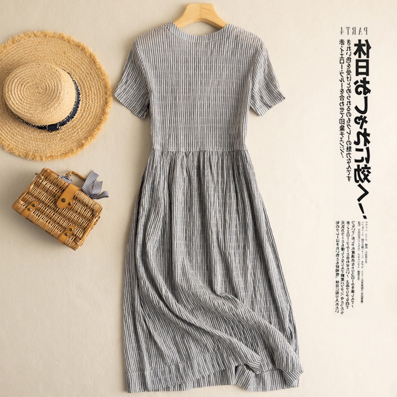 Đầm Cotton Lanh Dáng Rộng Ngắn Họa Tiết Kẻ Sọc Phong Cách Nhật Bản Cho Nữ
