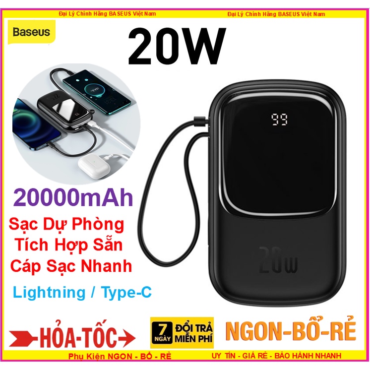 Sạc Dự Phòng Baseus 20000mAh Sạc Nhanh 20W/22.5W Tích Hợp Sẵn Cáp Sạc,TypeC Siêu Nhỏ Gọn,Màn Hình LED