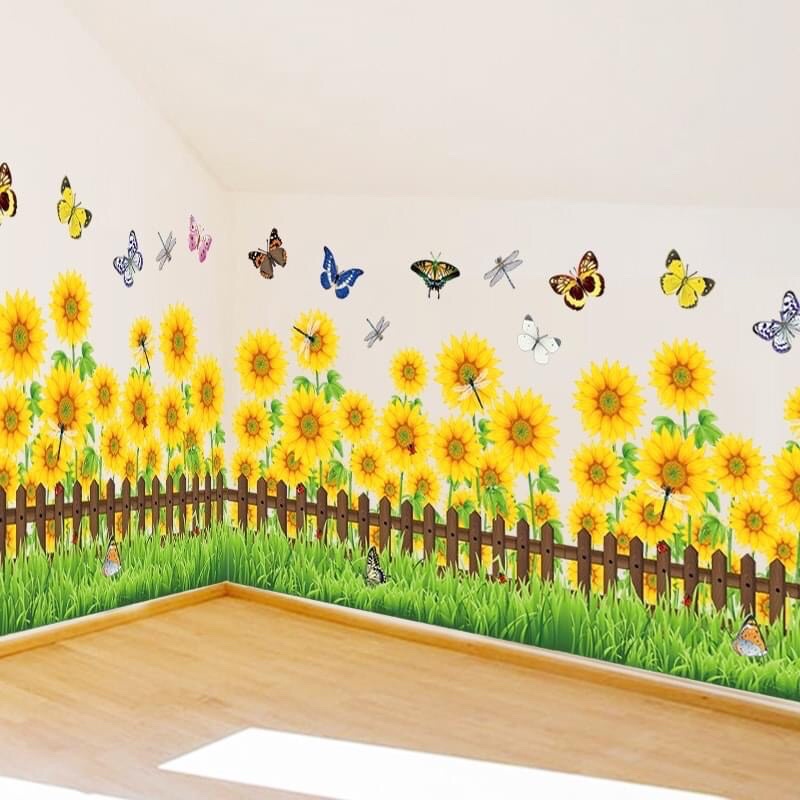 Decal dán chân tường hàng rào hoa hướng dương