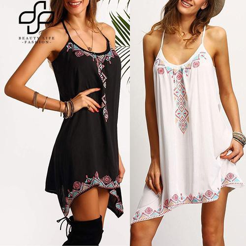 Đầm hai dây vạt chéo họa tiết Boho