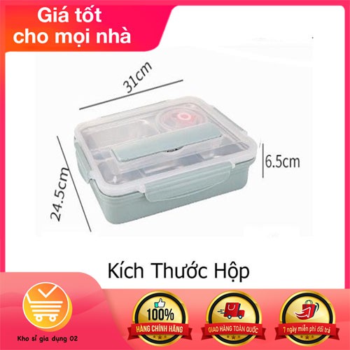 Hộp Đựng Cơm Văn Phòng Khay Inox 5 Ngăn Có Bát Để Canh Bọc Nhựa Bên Ngoài, Có Giá Để Điện Thoại - Tặng Kèm Thìa Đũa Inox