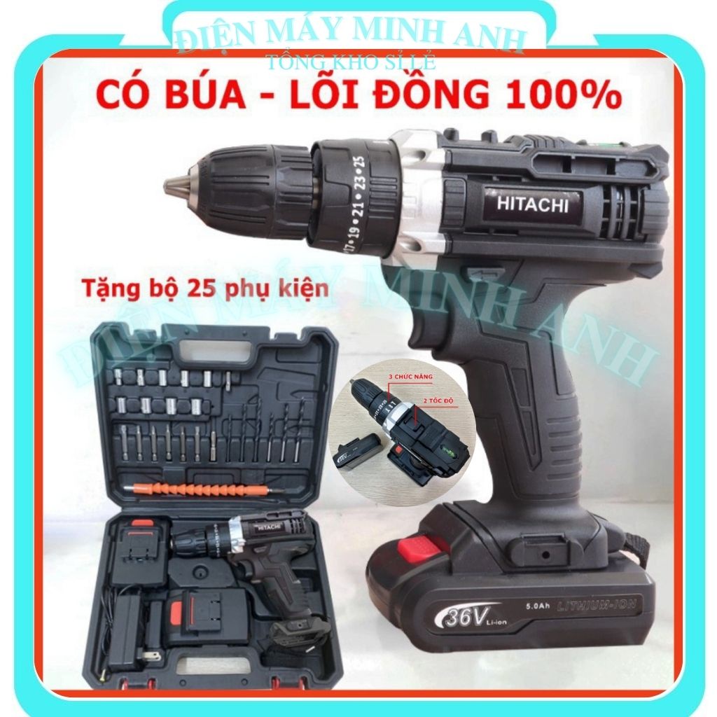 Máy khoan pin bắn bắt vặn vít bê tông mini cầm tay không chổi than Hitachi 36V chính hãng đa năng giá rẻ kèm 24 chi tiết