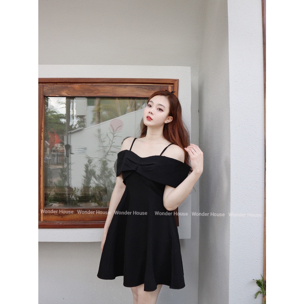 Đầm thiết kế WonderHouse 2 dây trễ vai phối nơ tiểu thư- Stella dress
