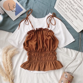 ÁO PEPLUM NÂU 2 DÂY NHÚN THUN